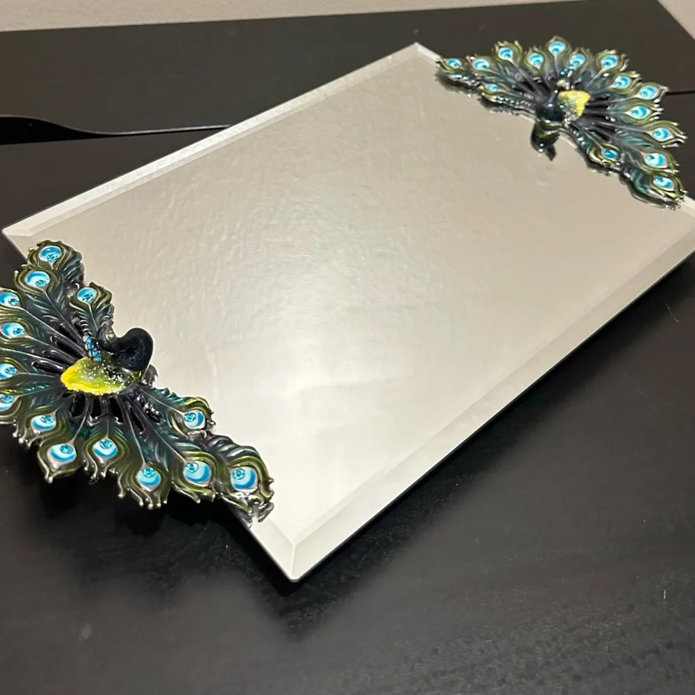 Vintage Enamel Rhinestone Pewter Peacock Mirror Vanity Tray